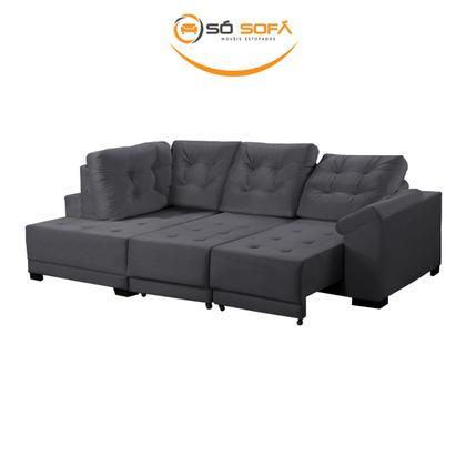 Imagem de Sofá Chaise Canto 5 Lugares 250 Cm Mola Bonnel Cama Retrátil D26 Luxury Suede Cinza - SóSofá