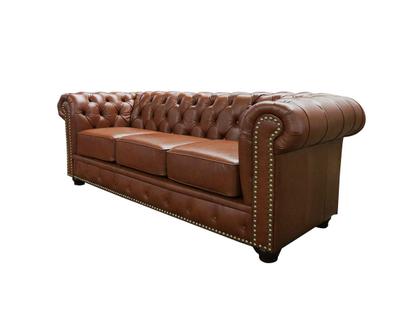 Imagem de Sofá Chesterfield de Couro 3 Lugares Conhaque com Brilho - Mempra Design