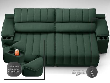 Imagem de Sofá com Porta Copos Carregador USB Ret Rec Murano 2,30m Velosuede Verde - NETSOFAS