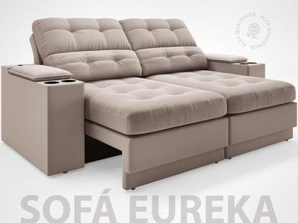 Imagem de Sofá com Porta Copos e Carregador USB Eureka 1,70m Assento Retrátil e Reclinável Velosuede Bege - NETSOFAS