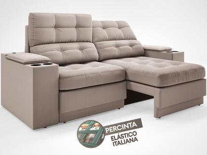 Imagem de Sofá com Porta Copos e Carregador USB Eureka 1,70m Assento Retrátil e Reclinável Velosuede Bege - NETSOFAS