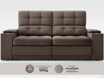 Imagem de Sofá com Porta Copos e Carregador USB Eureka 1,70m Assento Retrátil e Reclinável Velosuede Marrom - NETSOFAS