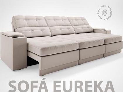 Imagem de Sofá com Porta Copos e Carregador USB Eureka 2,30m Assento Retrátil e Reclinável Velosuede Areia - NETSOFAS