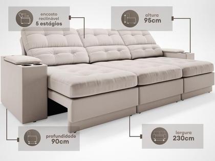Imagem de Sofá com Porta Copos e Carregador USB Eureka 2,30m Assento Retrátil e Reclinável Velosuede Areia - NETSOFAS
