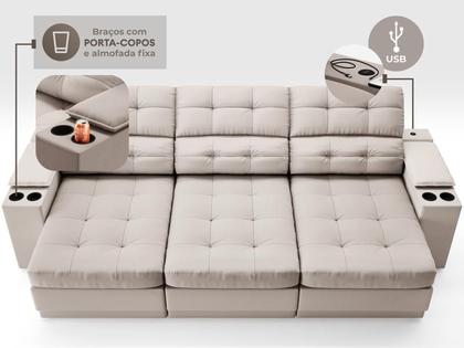 Imagem de Sofá com Porta Copos e Carregador USB Eureka 2,30m Assento Retrátil e Reclinável Velosuede Areia - NETSOFAS