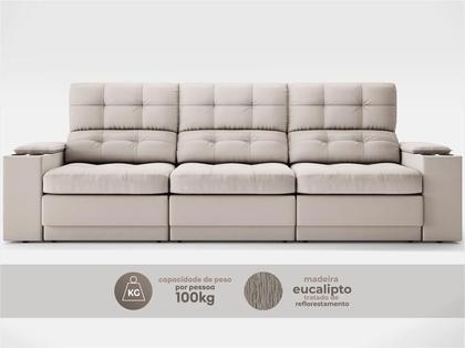 Imagem de Sofá com Porta Copos e Carregador USB Eureka 2,30m Assento Retrátil e Reclinável Velosuede Areia - NETSOFAS