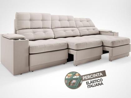 Imagem de Sofá com Porta Copos e Carregador USB Eureka 2,30m Assento Retrátil e Reclinável Velosuede Areia - NETSOFAS