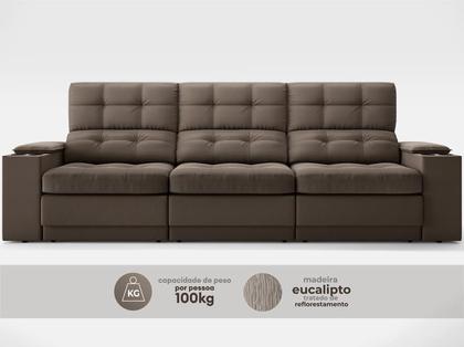 Imagem de Sofá com Porta Copos e Carregador USB Eureka 2,30m Assento Retrátil e Reclinável Velosuede Marrom - NETSOFAS
