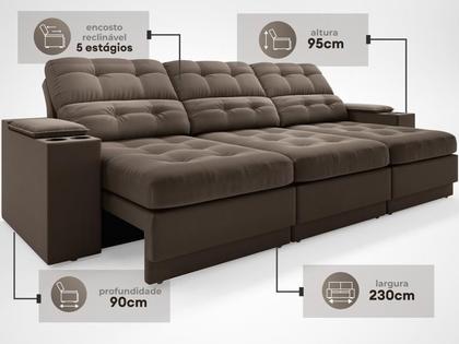 Imagem de Sofá com Porta Copos e Carregador USB Eureka 2,30m Assento Retrátil e Reclinável Velosuede Marrom - NETSOFAS