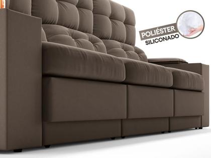 Imagem de Sofá com Porta Copos e Carregador USB Eureka 2,30m Assento Retrátil e Reclinável Velosuede Marrom - NETSOFAS