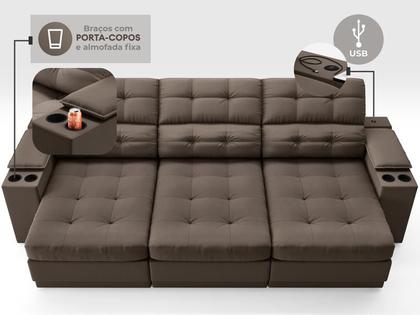 Imagem de Sofá com Porta Copos e Carregador USB Eureka 2,30m Assento Retrátil e Reclinável Velosuede Marrom - NETSOFAS