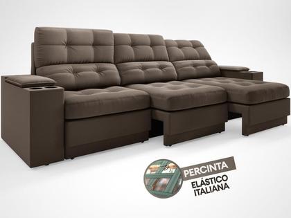 Imagem de Sofá com Porta Copos e Carregador USB Eureka 2,30m Assento Retrátil e Reclinável Velosuede Marrom - NETSOFAS