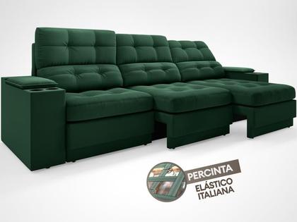 Imagem de Sofá com Porta Copos e Carregador USB Eureka 2,30m Assento Retrátil e Reclinável Velosuede Verde - NETSOFAS