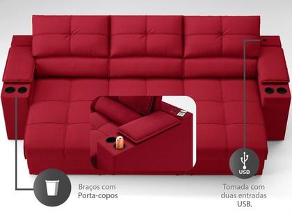 Imagem de Sofá com Porta Copos e Carregador USB Retrátil e Reclinável Ringo 2,30m Velosuede Vermelho - NETSOFAS