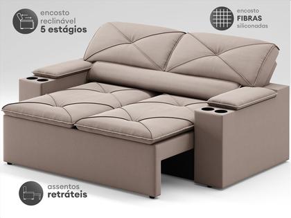 Imagem de Sofá com Porta Copos Retrátil e Reclinável Pop 1,54m Velosuede Bege - NETSOFAS