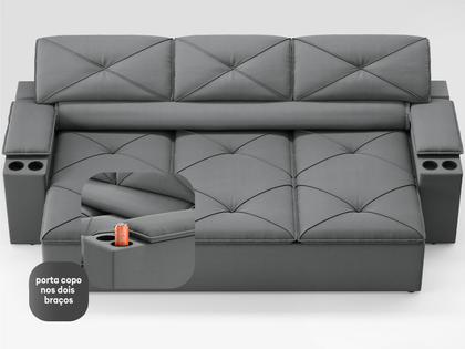 Imagem de Sofá com Porta Copos Retrátil e Reclinável Pop 2,05m Velosuede Grafite - NETSOFAS