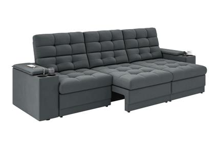Imagem de Sofá Confort Premium 2,30m Assento Retrátil/Reclinável porta copos e USB Suede Cinza - XFlex Sofas