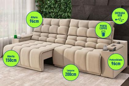 Imagem de Sofá Connect Premium 2,00m Assento Retrátil/Reclinável com porta copos e entrada USB Suede Capuccino