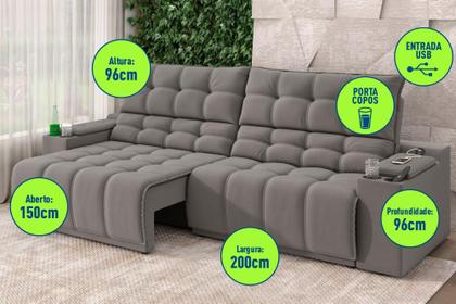 Imagem de Sofá Connect Premium 2,00m Assento Retrátil/Reclinável com porta copos e entrada USB Suede Cinza