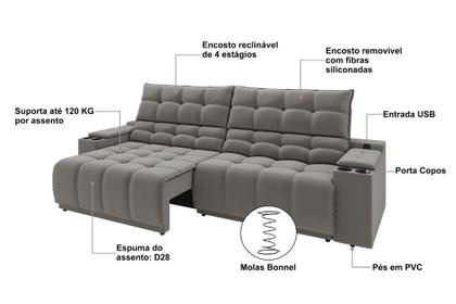 Imagem de Sofá Connect Premium 2,00m Assento Retrátil/Reclinável com porta copos e entrada USB Suede Cinza