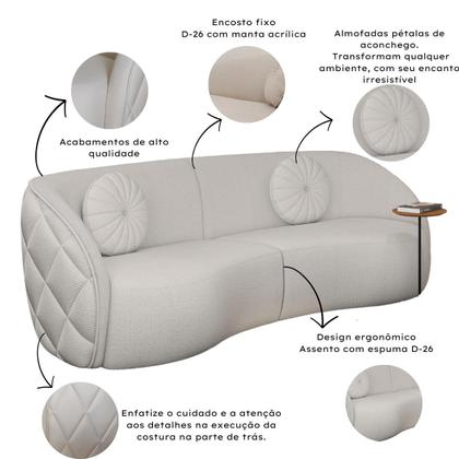 Imagem de Sofá Curvo Euphoria Em Bouclé Branco Luxuoso Com Almofadas