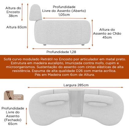 Imagem de Sofá Curvo Modulado Retrátil 285cm Hyun Linho Bege - Sallar Home