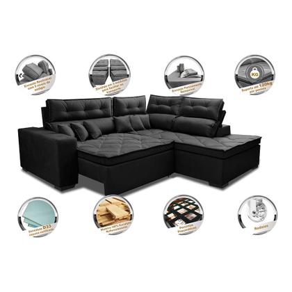 Imagem de Sofá de Canto 2,60x2,36m Retrátil e Reclinável com Molas Cama inBox Platinum Direito Suede Preto