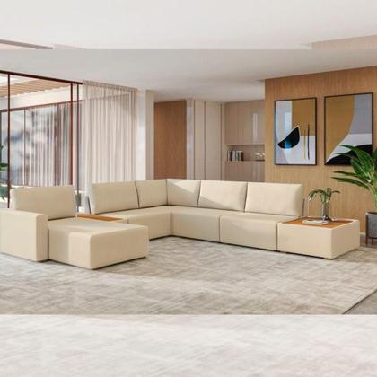 Imagem de Sofá de Canto 5 lugares com Chaise Modular Moderno Premium Veludo Bege Claro Agatha