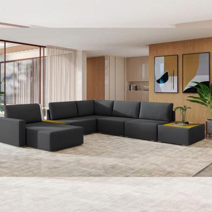 Sofá de Canto 5 lugares com Chaise Modular Moderno Premium Veludo Preto Agatha - Larbelle Móveis Imagem de Sofá de Canto 5 lugares com Chaise Modular Moderno Premium Veludo Preto Agatha