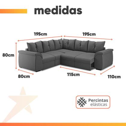 Imagem de Sofá de Canto 5 Lugares com Retrátil Qatar Suede Cinza