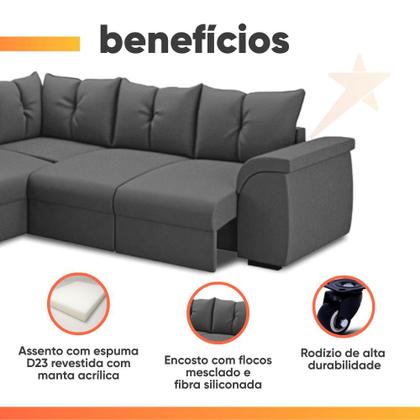 Imagem de Sofá de Canto 5 Lugares com Retrátil Qatar Suede Cinza