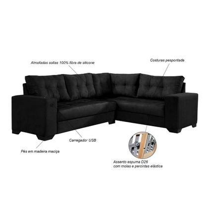 Sofá de Canto 5 Lugares Dijon com Entrada USB Suede Preto - Império Estofados Imagem de Sofá de Canto 5 Lugares Dijon com Entrada USB Suede Preto