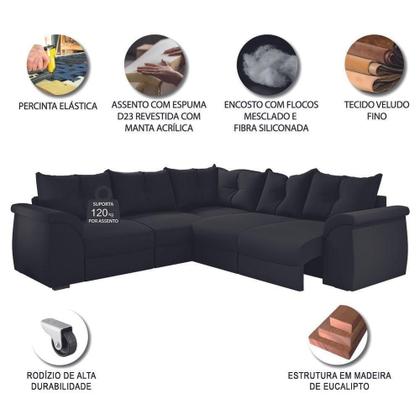 Imagem de Sofá De Canto 5 Lugares Retrátil Qatar Suede Preto Preto