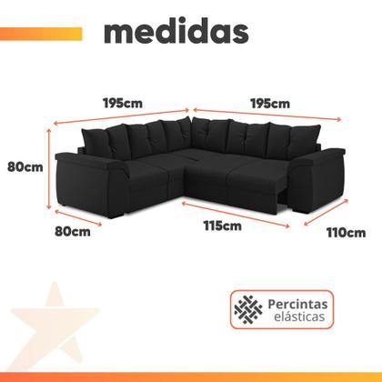 Imagem de Sofá de Canto 5 Lugares Retrátil Qatar Suede Preto