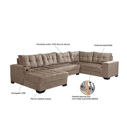 Imagem de Sofá de Canto 6 Lugares Dijon com Chaise Esquerdo e Entrada USB Suede Chocolate