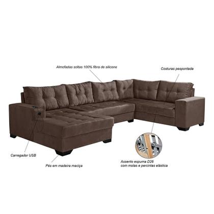 Imagem de Sofá de Canto 6 Lugares Dijon com Chaise Esquerdo e Entrada USB Suede Marrom
