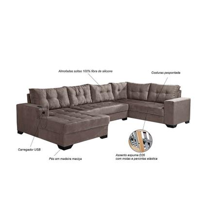 Imagem de Sofá de Canto 6 Lugares Dijon com Chaise Esquerdo e Entrada USB Suede Nude