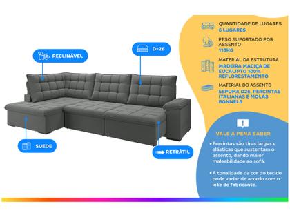 Imagem de Sofá de Canto 6 Lugares Retrátil Reclinável Suede Veludo Dallas Flexforma Estofados