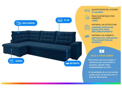 Imagem de Sofá de Canto 6 Lugares Retrátil Reclinável Suede Veludo Dallas Flexforma Estofados