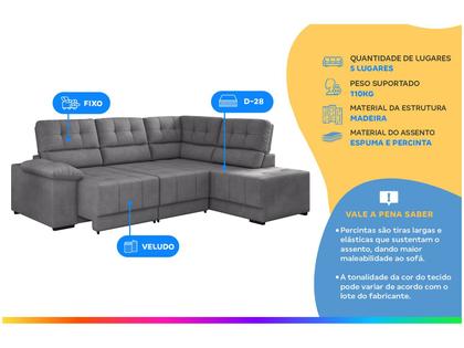 Imagem de Sofá de canto Besthouse Firenze retrátil e reclinável 5 lugares em tecido suede veludo Cinza