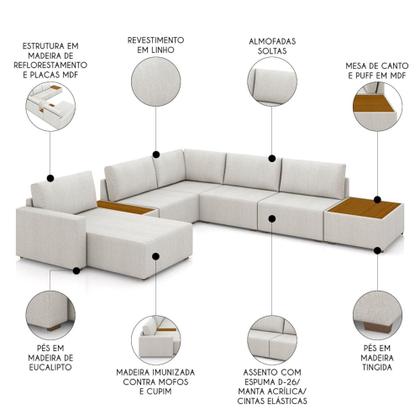 Imagem de Sofá de Canto Chaise 5 Lugares 291cm Bristol M22 Linho Cru - Mpozenato