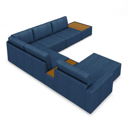 Imagem de Sofá de Canto Decorativo Sala de Estar 603cm Modulado Takashi com Chaise e Puffs Linho Azul Petróleo G45 - Gran Belo