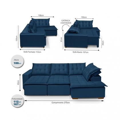 Imagem de Sofá de Canto Montana 4 Lugares Retrátil Reclinável 2,70x1,98M Molas Bonnel em Veludo Yescasa