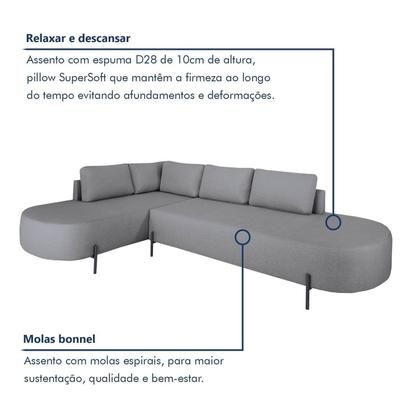 Imagem de Sofá de Canto Orgânico 4 Lugares 265cm Base de Ferro Chaise Esquerda Luna