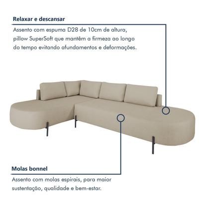 Imagem de Sofá de Canto Orgânico 4 Lugares 265cm Base de Ferro Chaise Esquerda Luna