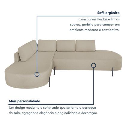 Imagem de Sofá de Canto Orgânico 4 Lugares 265cm Base de Ferro Chaise Esquerda Luna