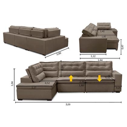 Imagem de Sofá de Canto Retrátil e Reclinável com Molas 3,00x2,00 Esq Virginia Suede Capucino Adonai Estofados