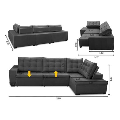 Imagem de Sofá de Canto Retrátil e Reclinável com Molas 3,00x2,00 LD Jacke Suede Cinza Madelina Decor