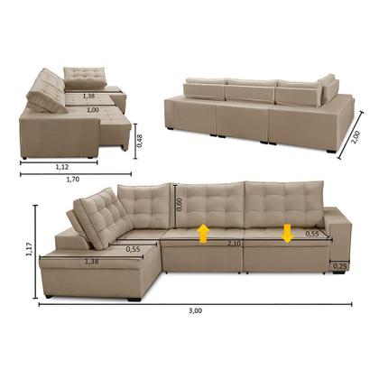 Sofá de Canto Retrátil e Reclinável com Molas 3,00x2,00 LE Jacke Suede Bege Madelina Decor Imagem de Sofá de Canto Retrátil e Reclinável com Molas 3,00x2,00 LE Jacke Suede Bege Madelina Decor