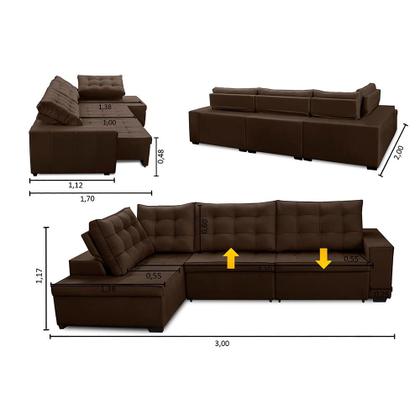 Sofá de Canto Retrátil e Reclinável com Molas 3,00x2,00 LE Jacke Suede Marrom Madelina Decor Imagem de Sofá de Canto Retrátil e Reclinável com Molas 3,00x2,00 LE Jacke Suede Marrom Madelina Decor